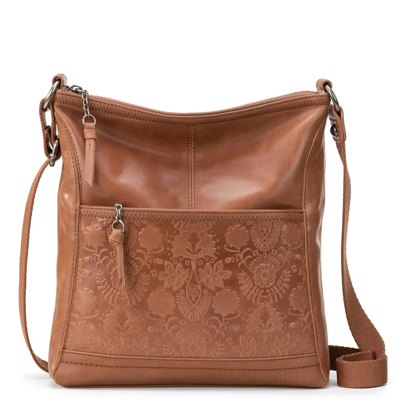 The Sak Women's Bag Iris Crossbody in Leather, Casual Purse with Adjustable Strap & Zipper Pockets, Tobacco Floral Embossed, One Size - Image 1