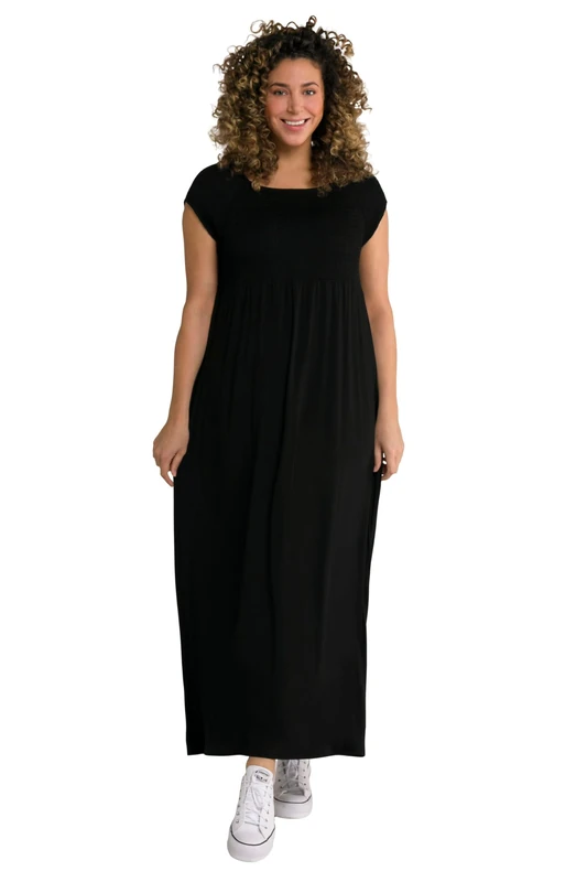 Ulla Popken Womenswear Plus Size Curvy Solid Smocked Bodice Stretch Knit Maxi Dress Black 54+ 807665100-54+