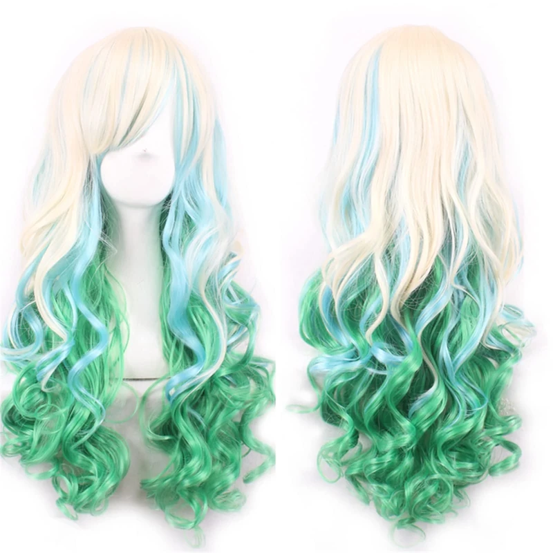 Sawekin Women's Gradient Cosplay Anime Wigs 28"70cm Long Curly Harajuku Lolita Style Costume Wigs for Anime Costume Halloween Cosplay (D-Green/Light Blonde)