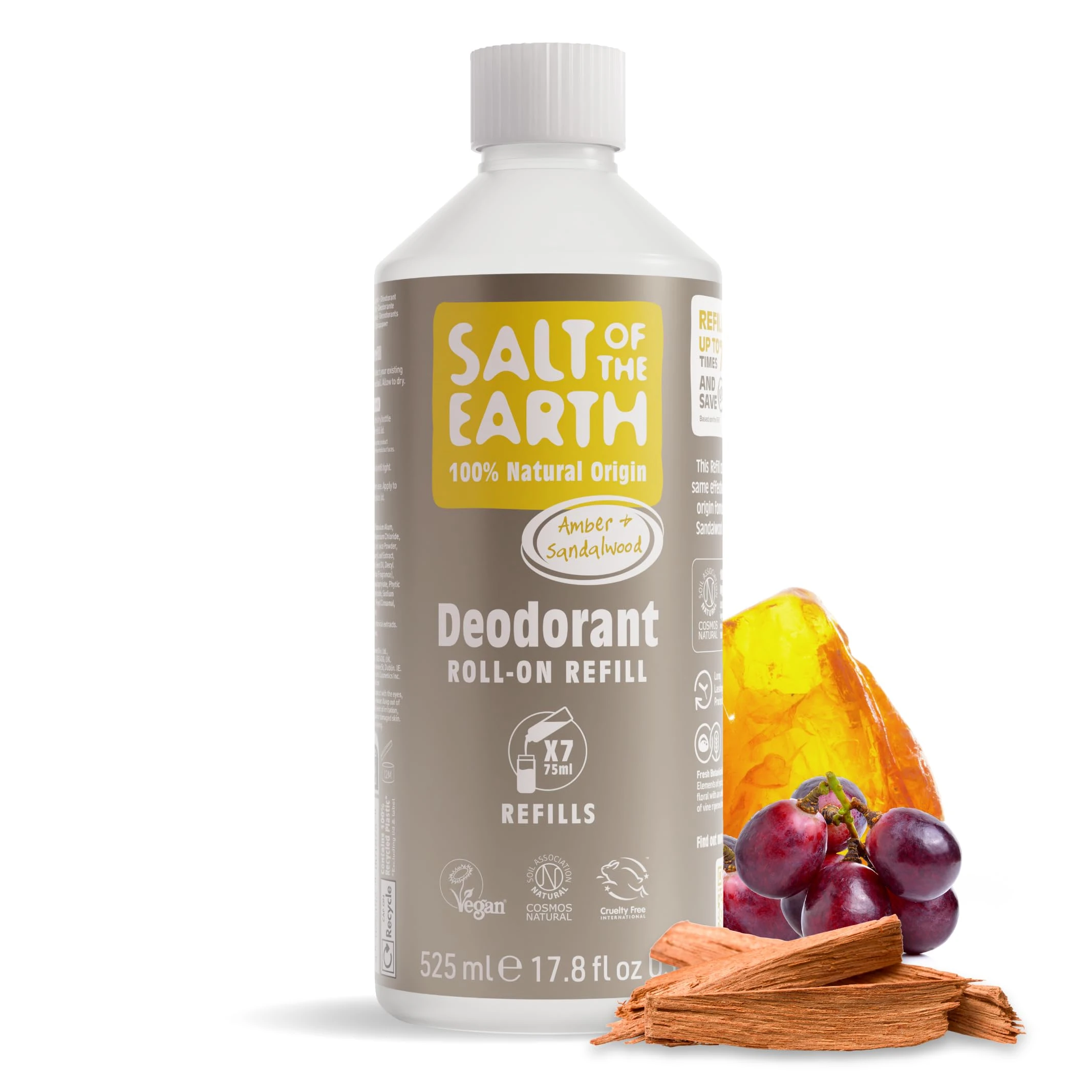 Salt of the Earth - Natural Deodorant Roll on Refill - x7 Uses - Amber & Sandalwood - 100% Natural Origin Ingredients - Vegan - Suitable for Men, Women & Children - 525ml