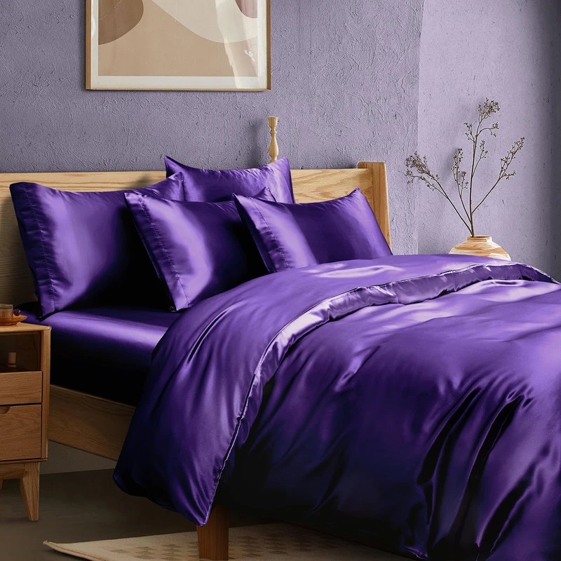 Manyshofu 6Pcs Dark Purple Duvet Cover Set Silky Queen Bed Duvet Cover - Not Comforter, Cooling & Luxury Satin Comforter Cover Set - 1 Satin Duvet Covers, 1 Satin Fitted Sheet, 4 Pillowcases