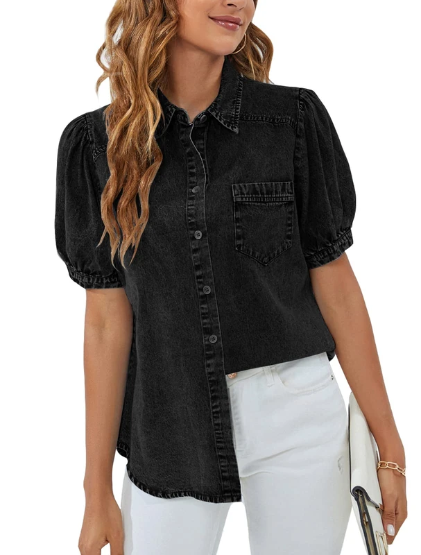 BMJL Womens Denim Shirt Business Casual Button Down Work Blouses Puff Sleeve Summer Tops, Black, L