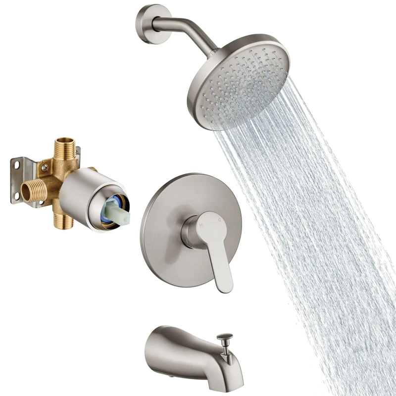 Aolemi 6 Inch Brushed Nickel Wall Mount Bathtub Shower Faucet Set with Single-Spray Rain Shower Head and 5.3 Inch Tub Spout, Includes Valve Trim, Shower Arm and Diverter Tub Spout