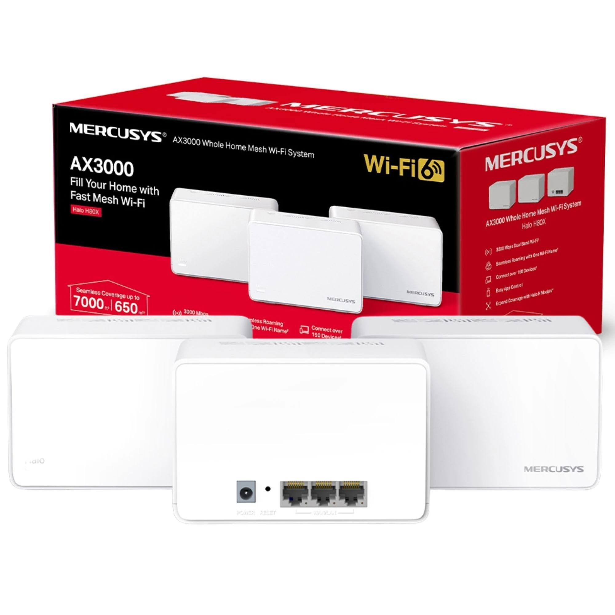 MERCUSYS Halo H80X(3-pack) AX3000Mbps Mesh WiFi 6 System, Gigabit Ports, TP-Link WiFi Mesh System, WiFi Router, WiFi Extender Booster, 7,000ft²(650 m²), Seamless Roaming, Beamforming, Easy Setup