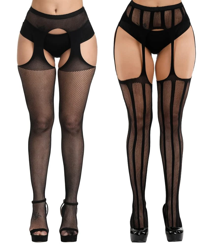 E-Laurels Women's Fishnet Tights Suspender Tights Garter Stockings High Waisted Suspender Pantyhose(Black, 0804)
