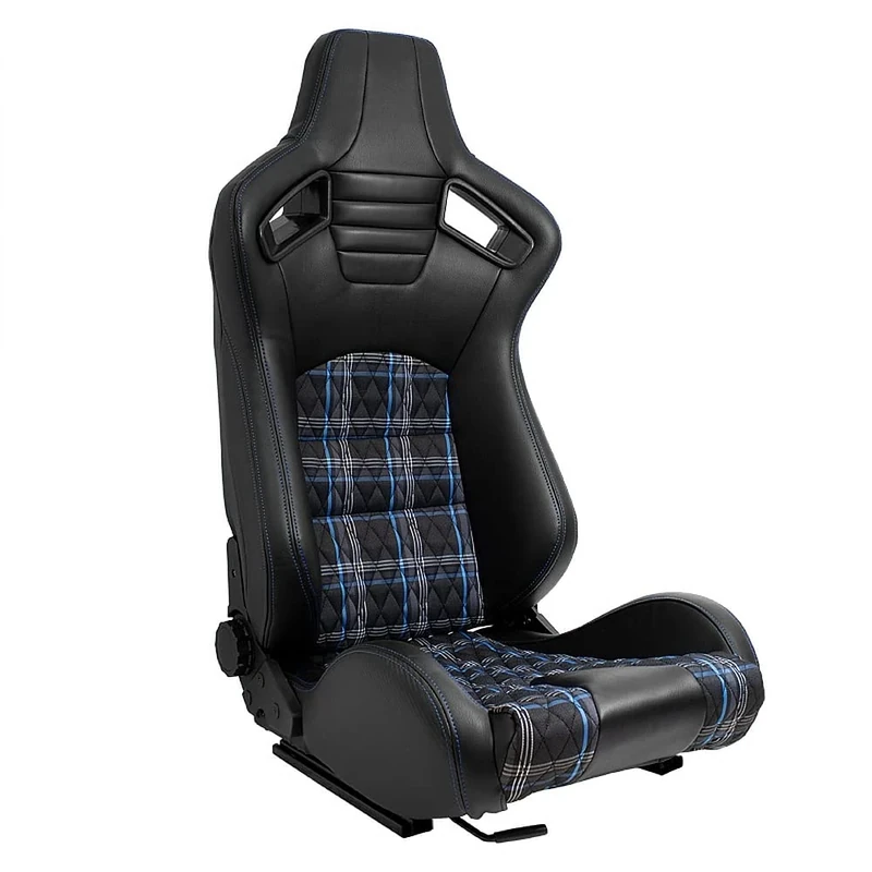 AutoStyle Sport seat 'GT' - Black Synthetic leather + Fabric in Blue checkered pattern + Blue stitching - Dual-side reclinable back-rest - incl. slides