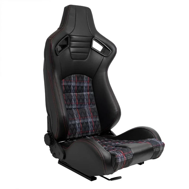 AutoStyle Sport seat 'GT' - Black Synthetic leather + Fabric in Red checkered pattern + Red stitching - Dual-side reclinable back-rest - incl. slides
