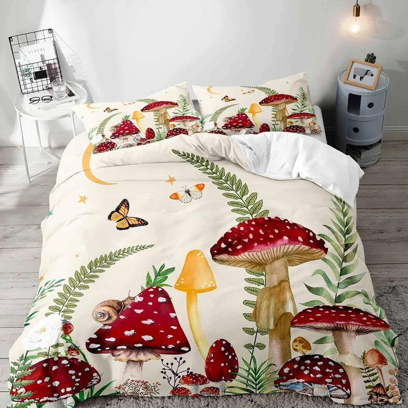 VIVIHOME 3PCS Red Trippy Mushroom Bedding, Beige Duvet Cover Queen, Moon Star Butterfly Snail Flower Fungus Green Plant Botanical Boho Aesthetic Bedding Comforter Bedspread Quilt Cover, 2 Pillow Shams