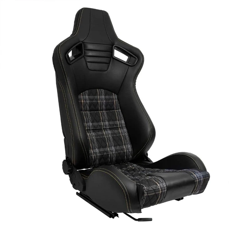 AutoStyle Sport seat 'GT' - Black Synthetic leather + Fabric in Yellow checkered pattern + Yellow stitching - Dual-side reclinable back-rest - incl. slides