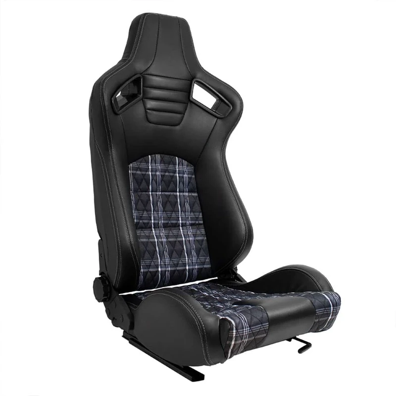 AutoStyle Sport seat 'GT' - Black Synthetic leather + Fabric in Grey checkered pattern + Grey stitching - Dual-side reclinable back-rest - incl. slides
