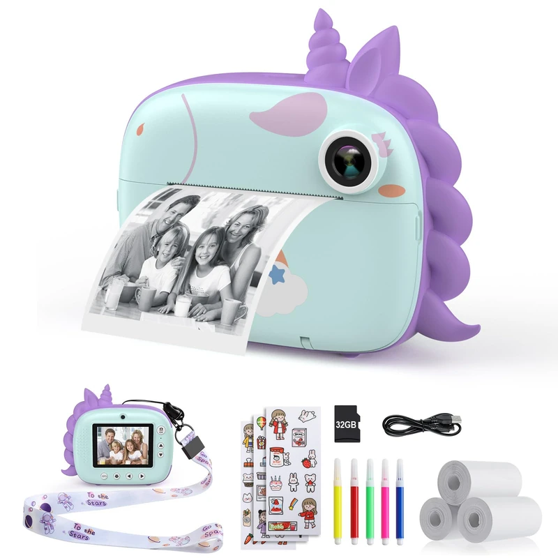 HiMont Digital Instant Camera with Printing Paper & TF Card 32G Video Camera with Colorful Pens for DIY Gift for Kids Girls Boys 3-14 Years Old - Image 1