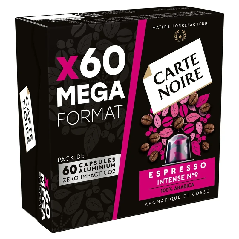 Carte Noire, Espresso Intense, Nespresso Compatible Aluminium Capsules, 1 Pack of 60 Coffee Pods, 100% Arabica, Dried Fruit and Chocolate Notes, Intensity 9/13, Rich and Lasting Taste