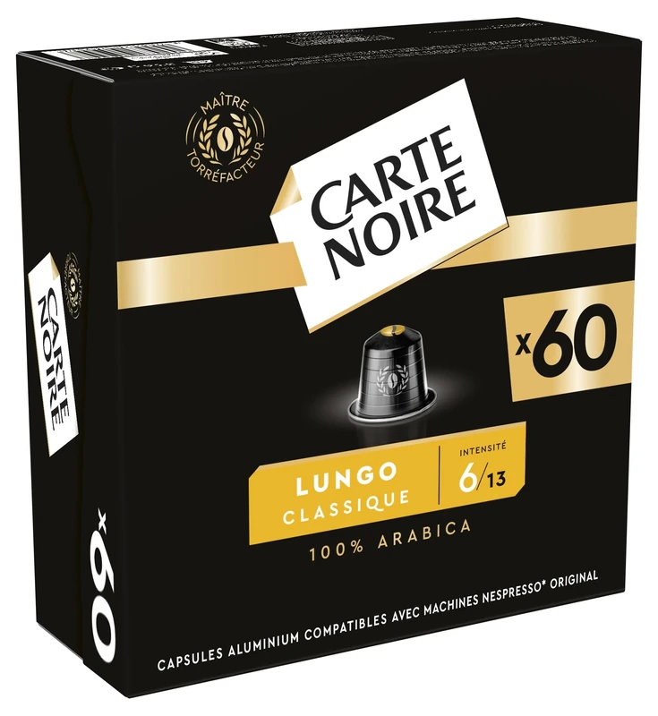Carte Noire, Espresso Lungo, Nespresso Compatible Aluminium Capsules, 1 Pack of 60 Pods, 100% Arabica, Roasted and Nutty Notes, Intensity 8/10, Rich Texture, Capsules for a Tall Coffee