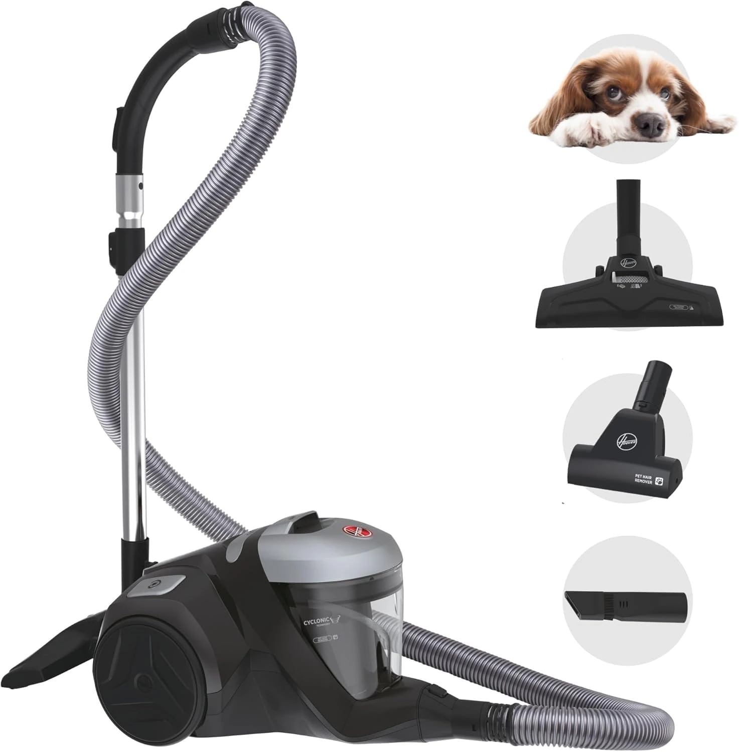 Hoover H-POWER 300 Pet Cylinder Vacuum Cleaner with Pet Hair Tool - Powerful Cyclonic, Lightweight with Long Reach and Extra Stretch Hose, Allergy Hepa H13 Filter,2L Capacity, Bagless, 850w (HP320PET)