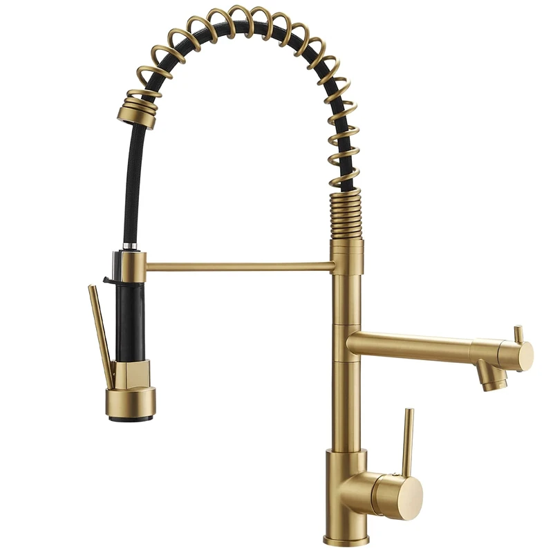 Brushed Gold Kitchen Faucet with Pull Down Sprayer, AIMADI Commercial Gold Kitchen Sink Faucet Single Handle Spring Two Nozzles Faucets