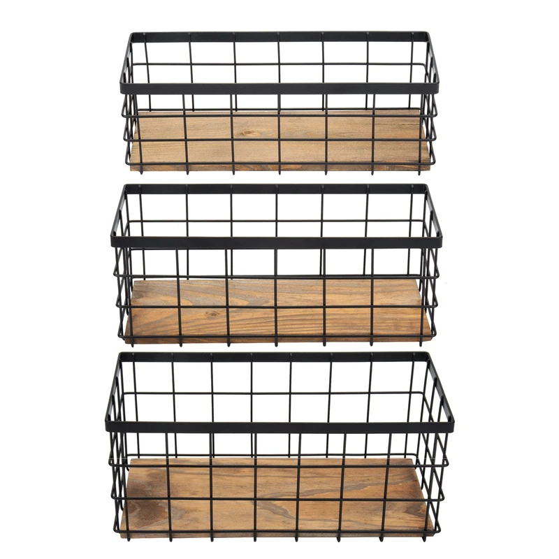TIEYIPIN Farmhouse Decor Metal Wire Storage Baskets, Wood Base Containers Organizing Basket Caddy Bin for Kitchen Cabinets, Bathroom, Pantry, Garage, Laundry Room, Closets - Small - Black (Set of 3)