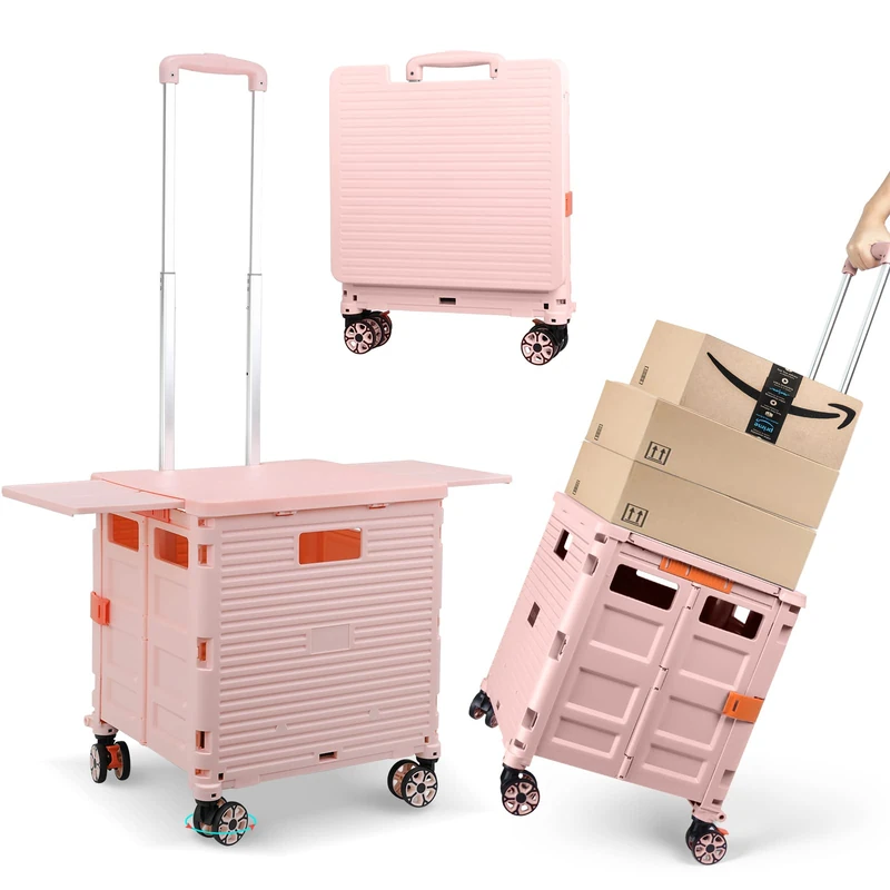 Foldable Utility Cart Folding Portable Rolling Crate with Magnetic Extended Lid,360°Rotate Wheels,176LBS Load Capacity,Heavy Duty Durable Dolly Cart for Teacher Tourist Shopping Office Outdoor Pink