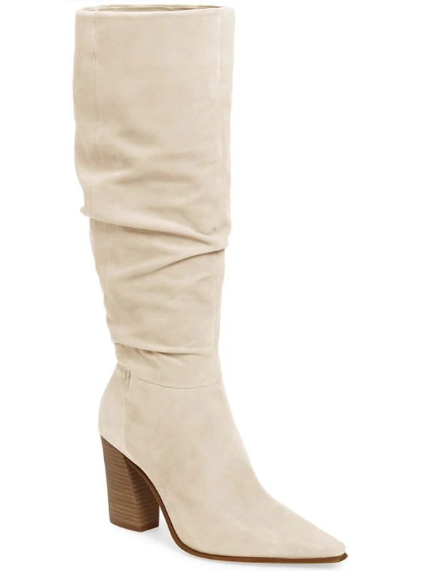PiePieBuy Womens Faux Suede Knee High Boots Wide Calf Pointed Toe High Chunky Heel Side Zipper Booties, Beige, 5 UK
