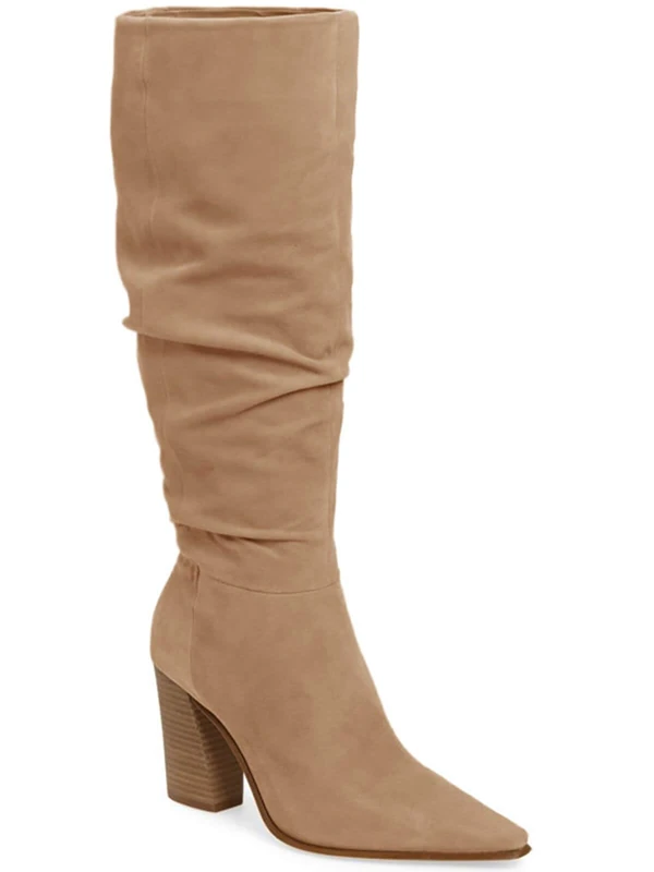 PiePieBuy Womens Faux Suede Knee High Boots Pointed Toe High Chunky Heel Side Zipper Party Dress Booties, Khaki, 6 UK