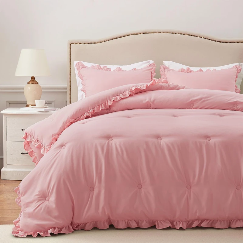 HARBOREST Queen Comforter Set - Pink Ruffle Comforter for Queen Size Bed, Fluffy Comforter Set, 3 Pieces Shabby Chic Bedding with 1 Comforter & 2 Pillow Shams - Image 1