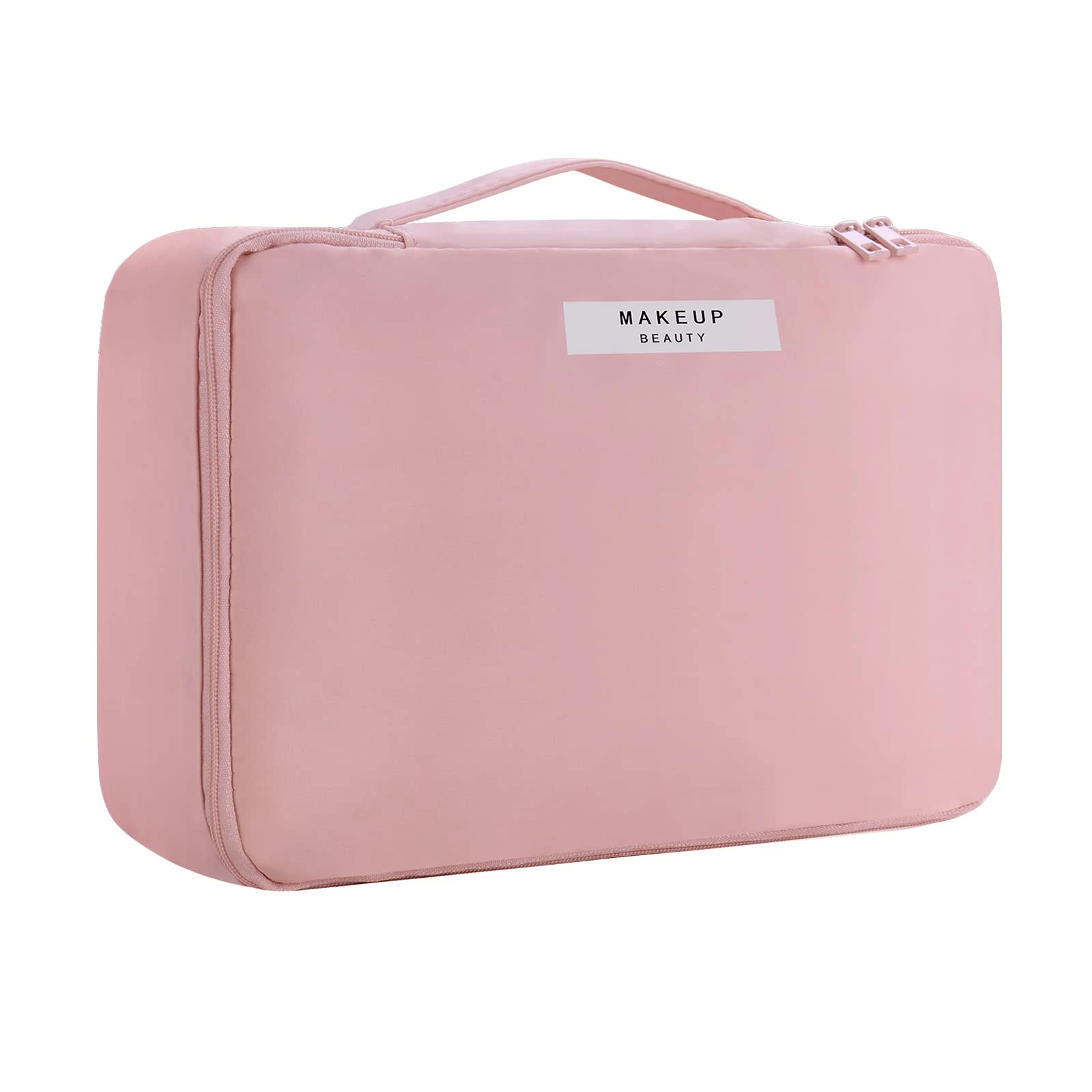 Travel Makeup Bag [with Brushes Holder & Detachable Pouch] Cosmetic Bag Large Capacity Waterproof Makeup Case Storage Organiser for Women & Girls (Pink)