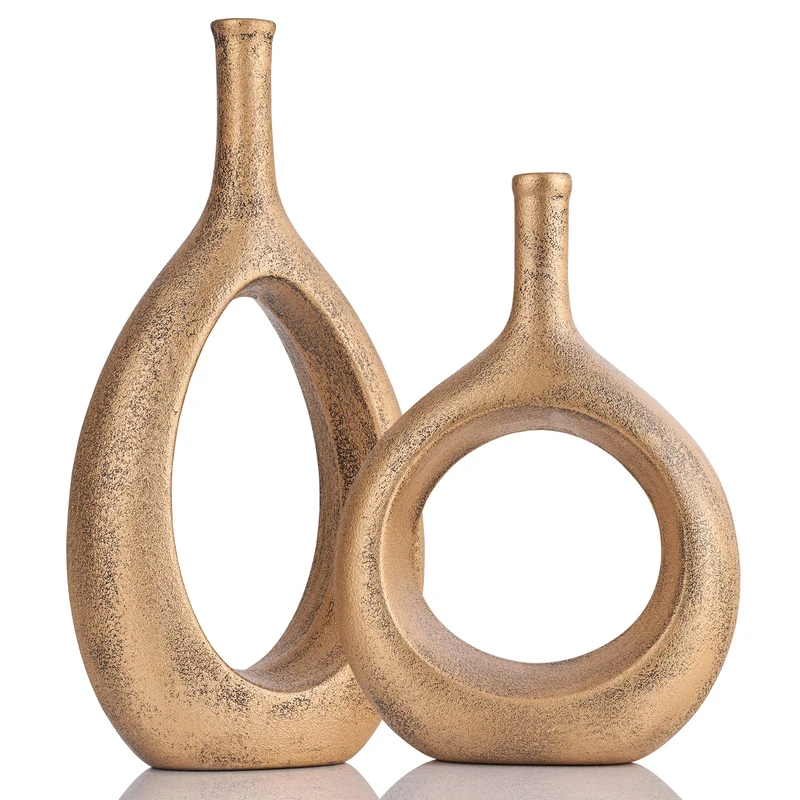 Gold Ceramic Hollow Elliptical Vase Set of 2 - Boho Circle Vase with Hole, for Modern Gold Table Decor, Living Room Decor Shelf mid Century Modern Home Entrance Decorative vase