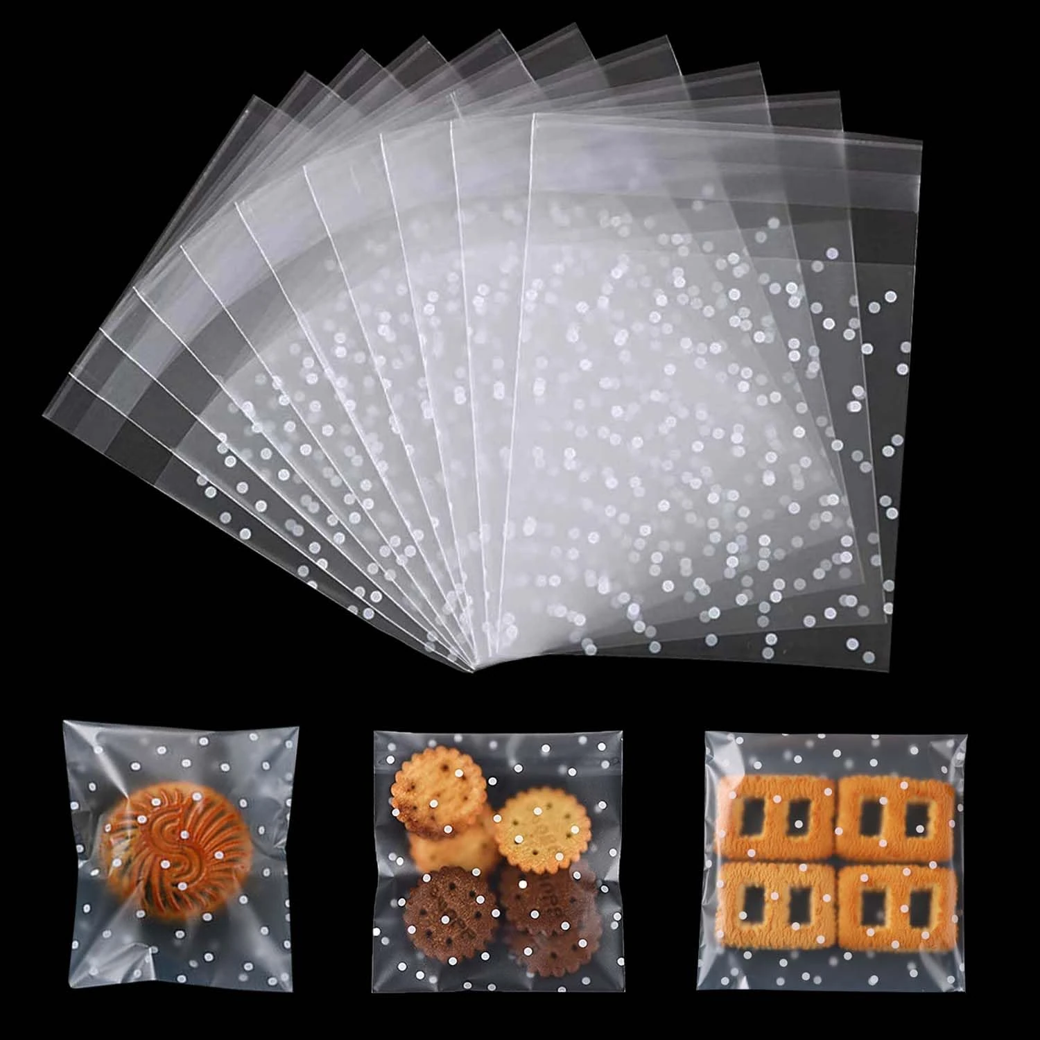200 Pieces Cellophane Bags Clear Self-Adhesive Cookie Bags Plastic Sweet Bags for Bakery, Cookie, Candies, Biscuit, Jewelry, Soaps, Cards and Dessert (5.5 × 5.5 cm)