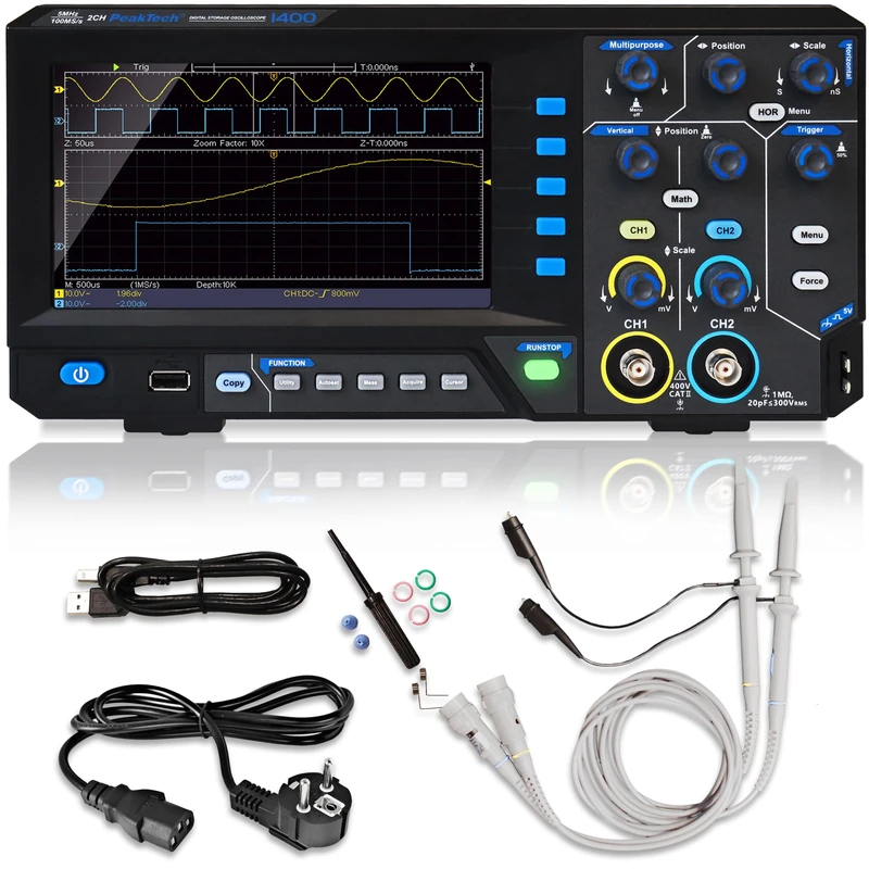 PeakTech Digital Oscilloscope 1400 2 Channel, 5 MHz, 100 MS/s, USB Interface, PC Software, XY Mode, Zoom, DSO, P 1400, Black