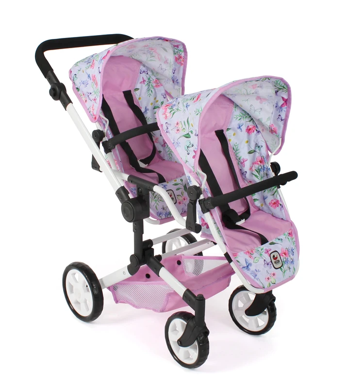 Bayer Chic 2000 - Linus Duo Doll's Pram, Twin Doll's Pram for Children from 4 to 8 Years, Flowers, Pink 690-53