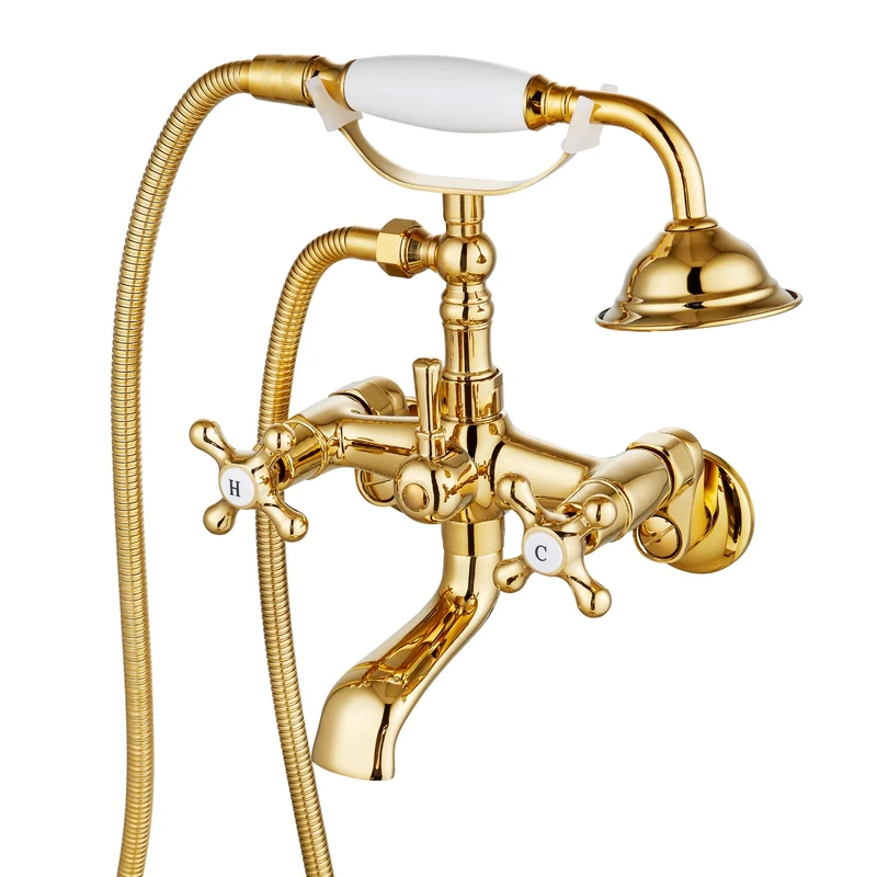gotonovo Clawfoot Bathtub Faucet Tub Filler with Hand Held Shower Faucet Set Victorian Double Cross Handle 6 Inch Center Adjustable Swing Arms Tub Mount Short Adapter Polished Gold