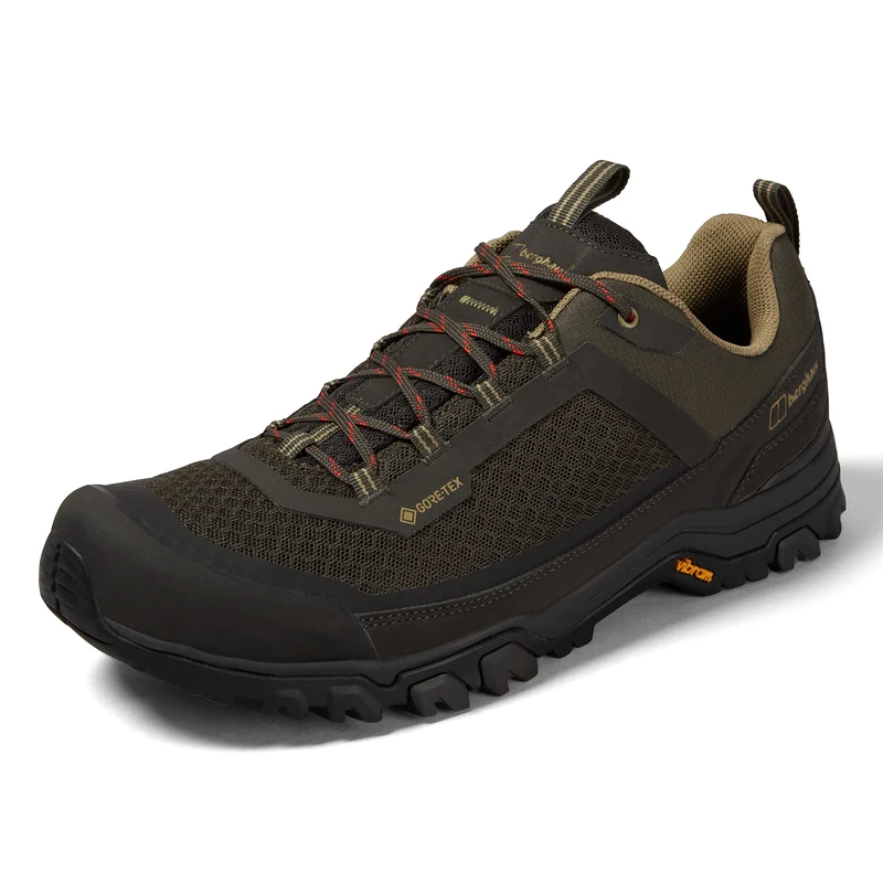 Berghaus Men's Ground Attack Active Gore-Tex Walking Shoes | Waterproof | Advanced Grip, Peat/Forest Night/Aloe/Poincia, 8.5