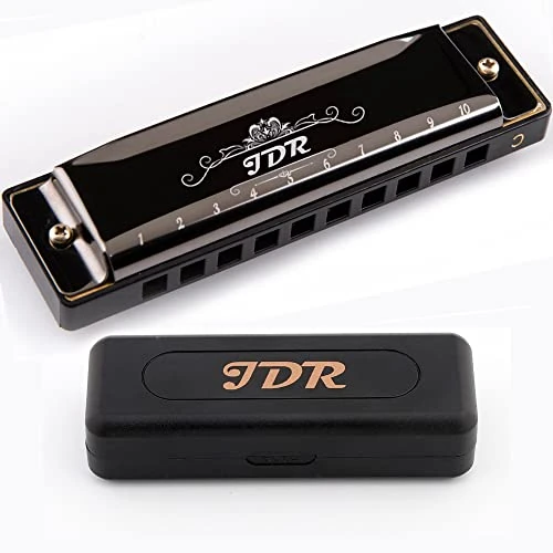 JDR Harmonica, 10 Holes, 20 Tones, Key of C, Black, Stainless Steel & ABS Resin, Blues Style, C Key, Chrome-plated & Bronze Finish, Case Included