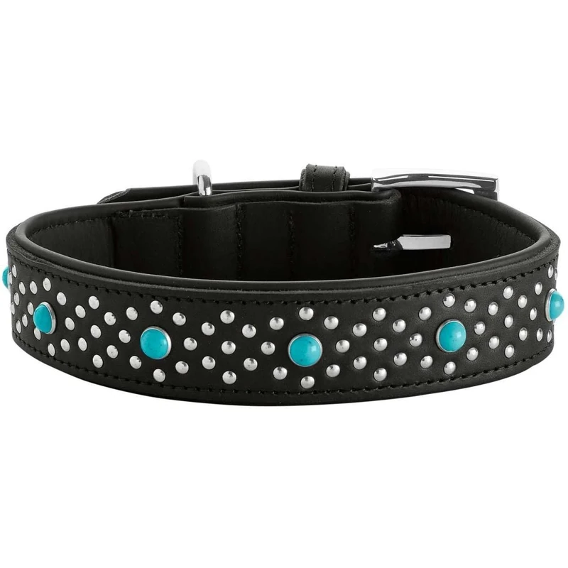 HUNTER Madona Collar Colour: Black, Elegant Cowhide Leather Lined with Soft Nappa Leather, Stitched Finish for Gentle, Decorated with Rivets and Gemstones, Size 60
