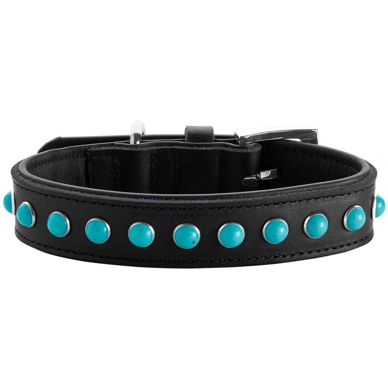 HUNTER Modica Collar Colour: Black, Elegant Cowhide Leather Lined with Soft Nappa Leather, Set with Sturdy Turquoise Gemstones, Durable and Supple, Size 40
