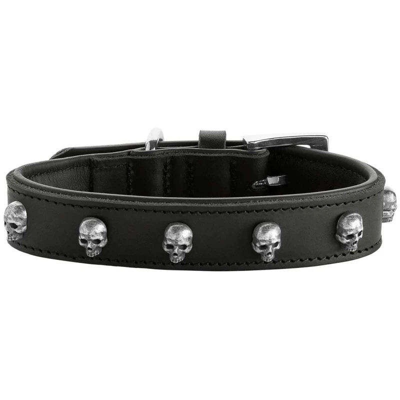 HUNTER Tijuana Dog Collar Colour: Black, Cowhide Leather, Soft Lining, Gentle on Fur, Handmade, Decorative Skulls, Robust and Fashionable, Made in Germany, Size: 45