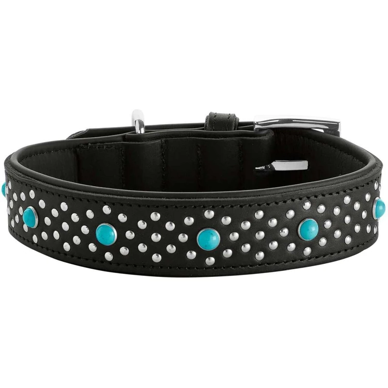 HUNTER Madona Collar Colour: Black, Elegant Cowhide Leather Lined with Soft Nappa Leather, Stitched Finish for Gentle, Decorated with Rivets and Gemstones, Size 65