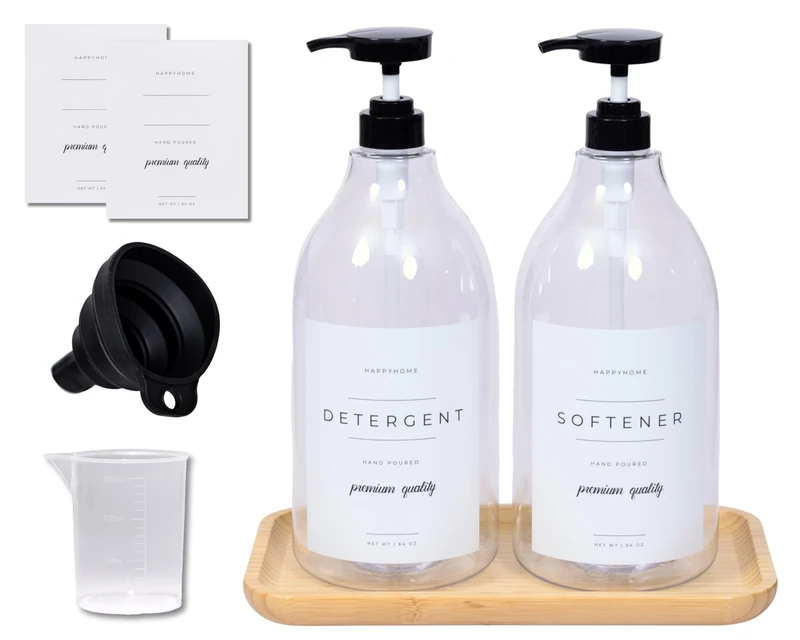 Liquid Laundry Detergent Dispenser for Laundry Room - 2 Decorative 64-Oz Containers with Water-Resistant Labels - Plus 2 Pumps and Screw Caps, Collapsible Funnel, Extra Labels & Bamboo Tray