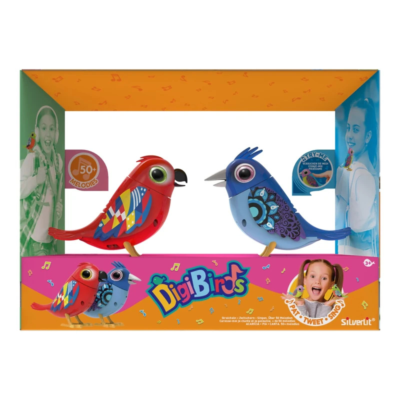 Silverlit DIGIBIRDS Pack of 2 Interactive Birds Whistling and Singing, React to Touch and Voice, Random Colour, Toy for Children, Ages 5 and Above