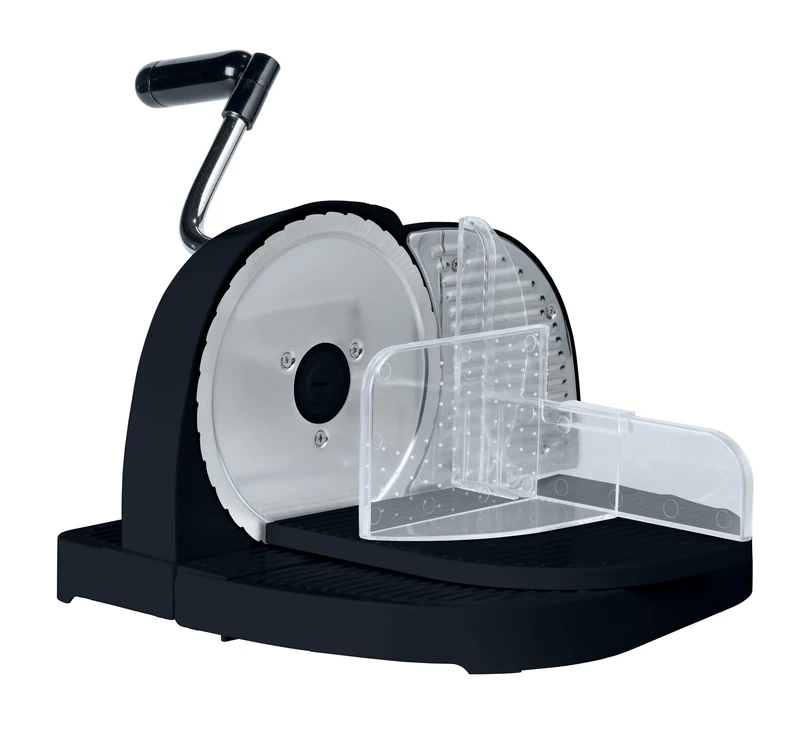 WENKO Bread slicer black, bread slicer made of plastic with stainless steel blade, guide carriage with leftover container and finger protection, firm stand due to suction cup, 31 x 20 29 cm