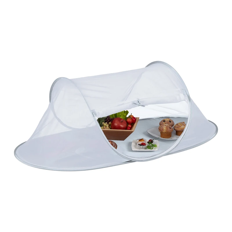 Relaxdays Food Tent Cover, Pop-Up Picnic Dome for Fruit, Cakes, HWD: 40 x 110 x 58 cm, Fly Protection, Grey/White