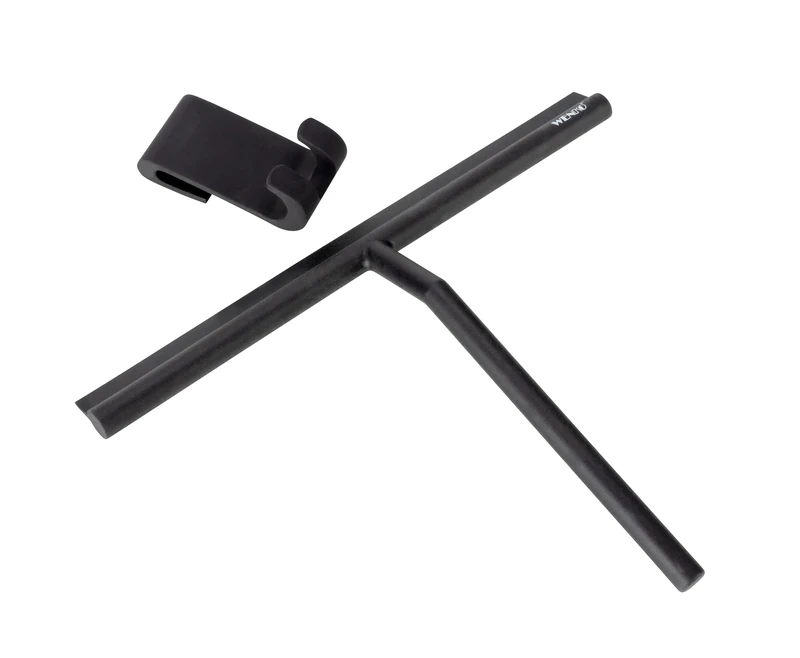 WENKO Bathroom squeegee Mola XXL, shower squeegee with extra wide wiping surface for mirrors and tiles, made of stainless steel coated with silicone, incl. hanging device for shower walls, black
