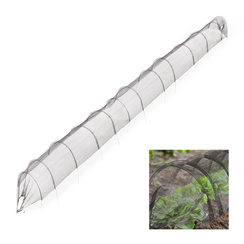 Relaxdays Plant Tunnel, 7m Long, Plastic Net, Grow, Protect, Ground Anchors, Fold Up, Garden, Flower Beds, Decor, Black, 7 m