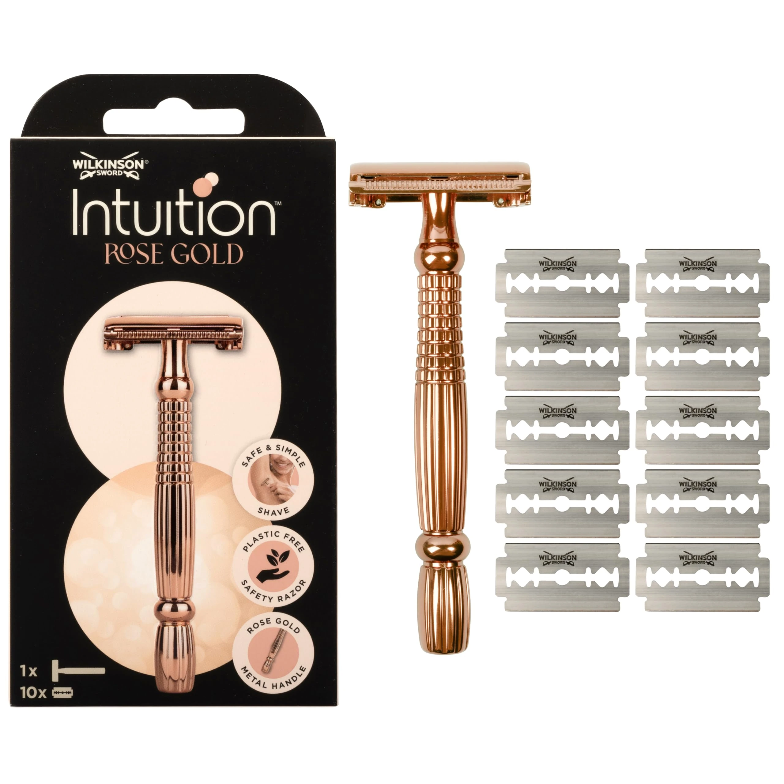 WILKINSON SWORD Intuition Rosegold Women's Razor Pack 1 Handle plus 10 Blades Refills Premium Metal Safety Razor for Smooth Shave