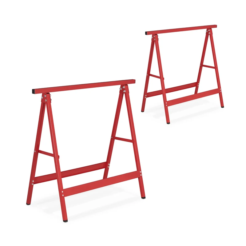Relaxdays Set of 2 Sawhorses, Folding, 100 kg, 75 x 78 x 40 cm, Multipurpose Workbench, Builder's Trestle, Steel, Red