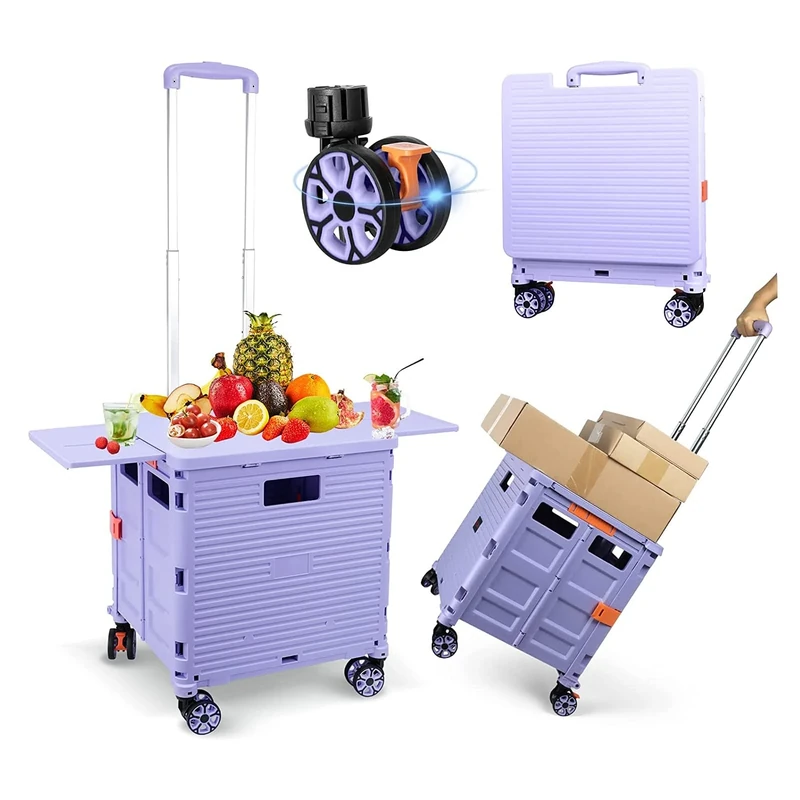 Folding Utility Cart Portable Rolling Crate Handcart with Magnetic Sliding Lid Telescoping Handle Heavy Duty Plastic Box Dolly 360°Swivel Wheels for Travel Shopping Move Office Teacher Use(Purple Pro)