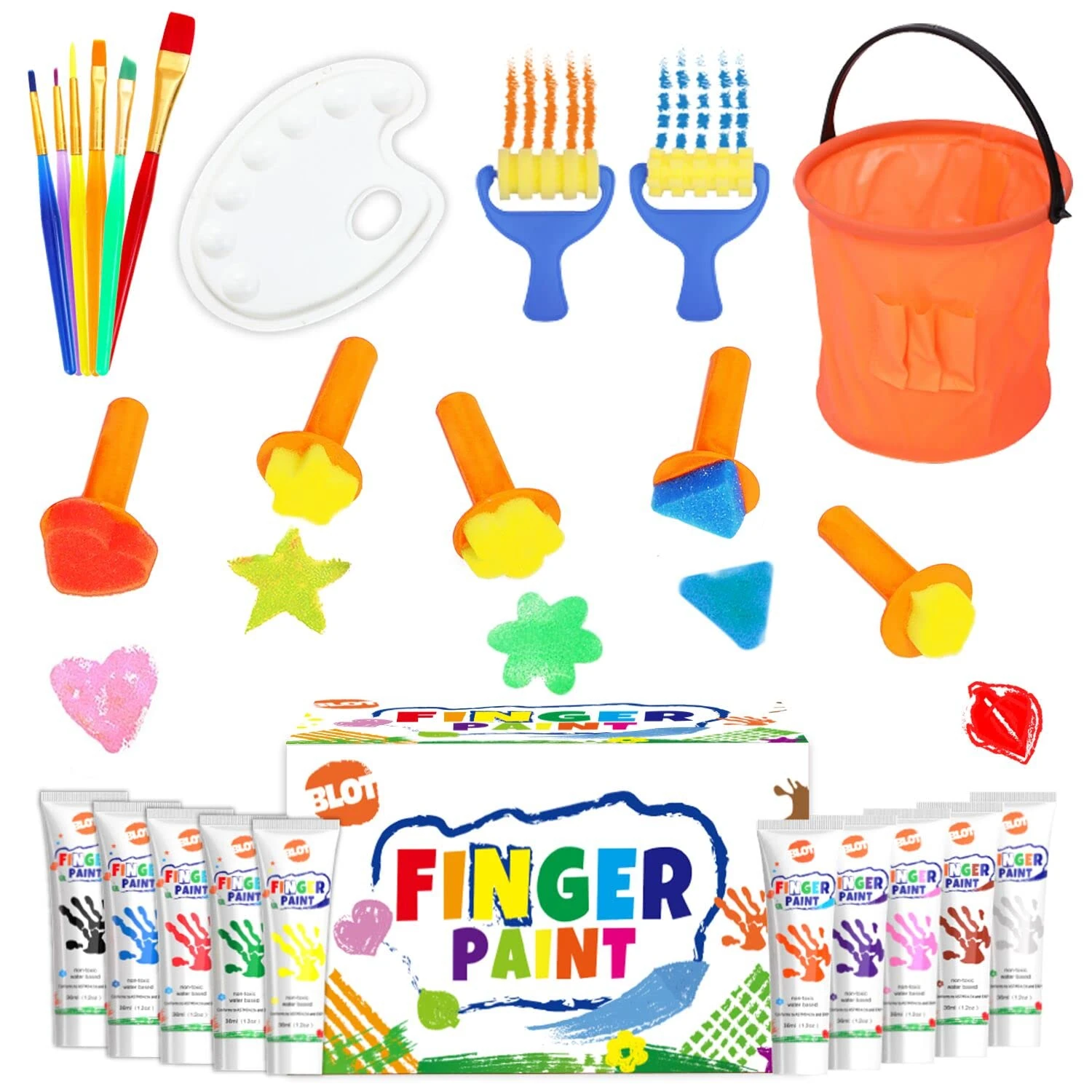 BLOT Kids Paint Kit Washable Finger Paint Set with Assorted Painting Brushes Sponges Palette for Toddlers Children Drawing Gift, Age 3+
