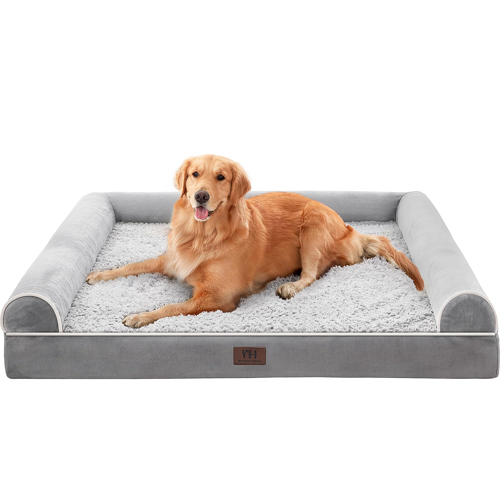 WESTERN HOME Dog Beds Large Washable,Soft Orthopedic Extra Large Waterproof Dog Beds with Removable Washable Cover, with U-Shape Bolster Grey,106 x 76 x 19 cm
