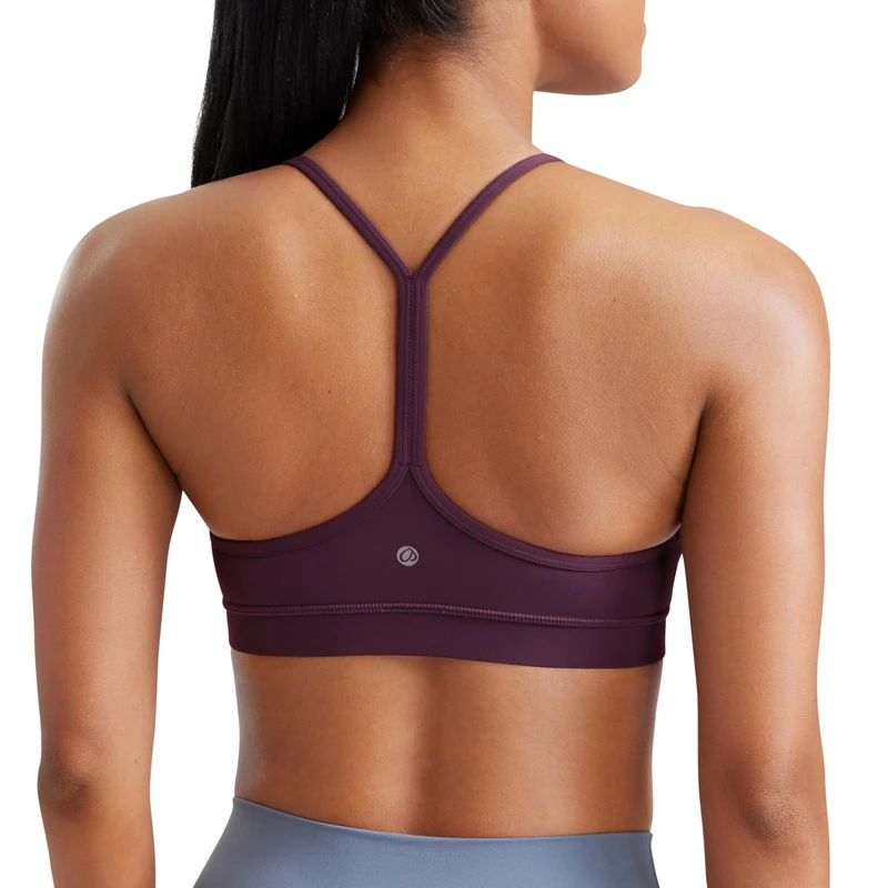 CRZ YOGA Women's Butterluxe Padded Sports Bra - Low Impact Y Back Strappy Bra Racerback Spaghetti Straps Gym Yoga Bras Deep Purple M