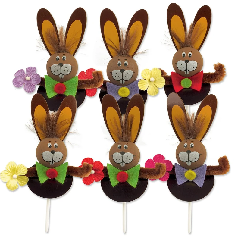 Günthart Pack of 100 Chenile Inserts Easter Bunny Brown for Easter Time with Flowers Red Yellow Pink Purple for Inserting in Cakes and Cakes for Easter Cake Decoration - Image 1