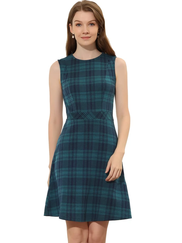 Allegra K Women's Plaid Dress Sleeveless Fit and Flare Houndstooth Work Dresses, Blue, L